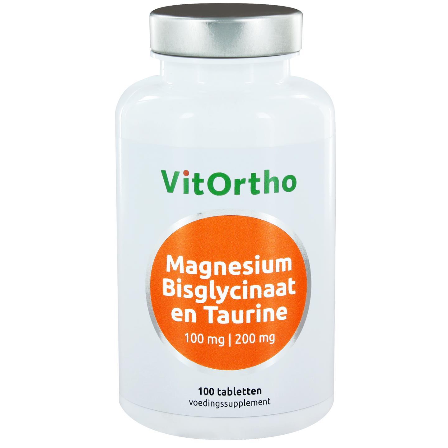 Magnesium Bisglycinaat 100 mg en Taurine 200 mg (100 tabs) - VitOrtho Magnesium Bisglycinaat 100 mg en Taurine 200 mg (100 tabs) - VitOrtho