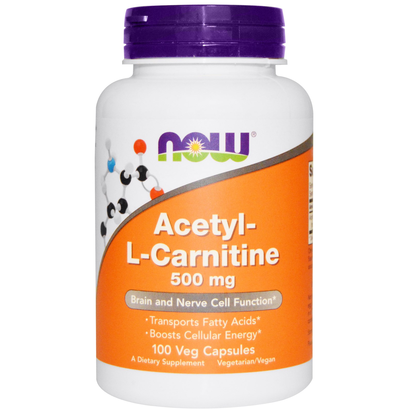 Foto van Acetyl-L-Carnitine 500 mg (100 Veg Caps) - Now Foods