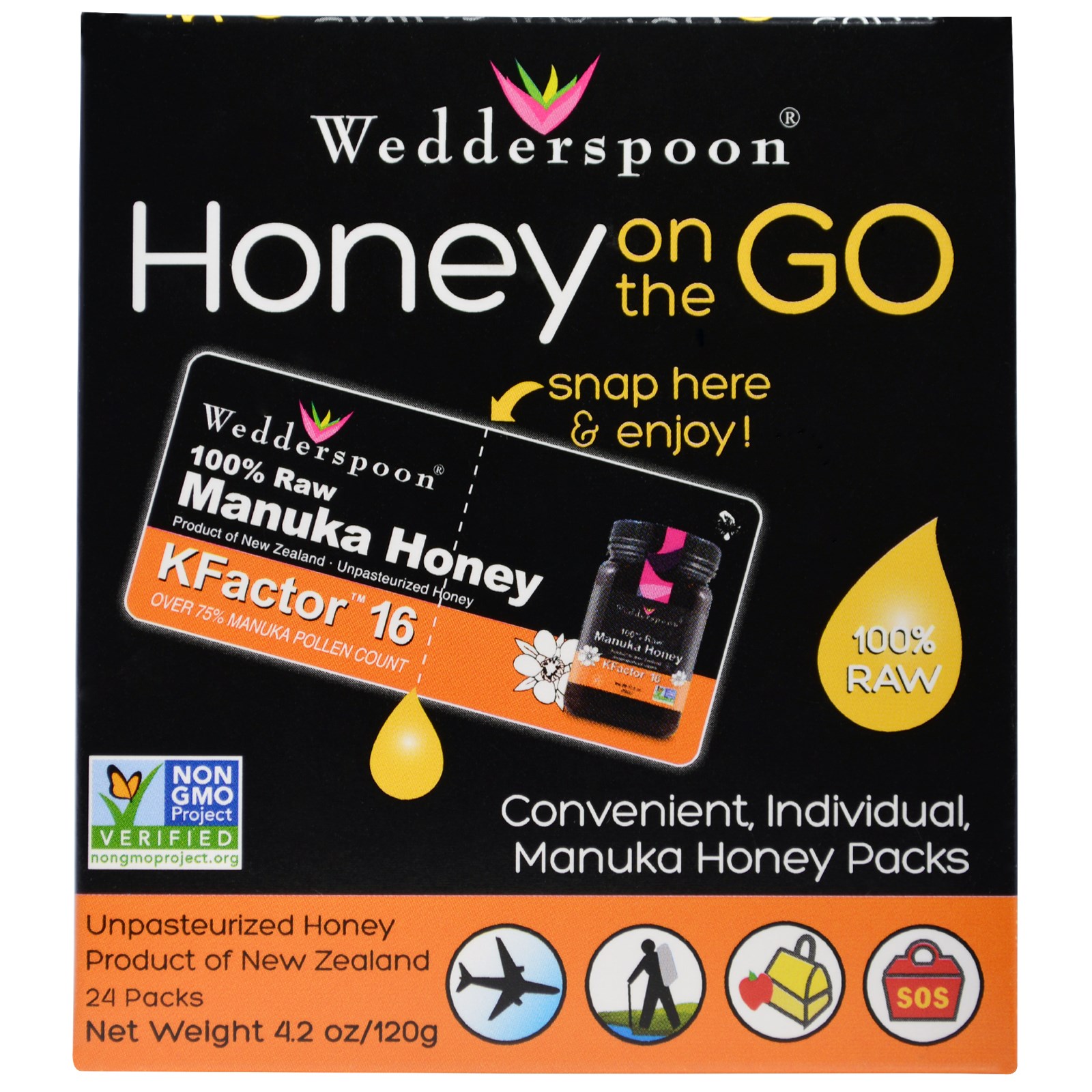 Honey On The Go KFactor 16 (24 Packs, 5 g Each) - Wedderspoon Organic